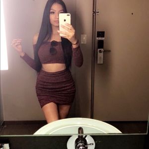 Fashion Nova Burgandy Owen Off Shoulder Skirt Set